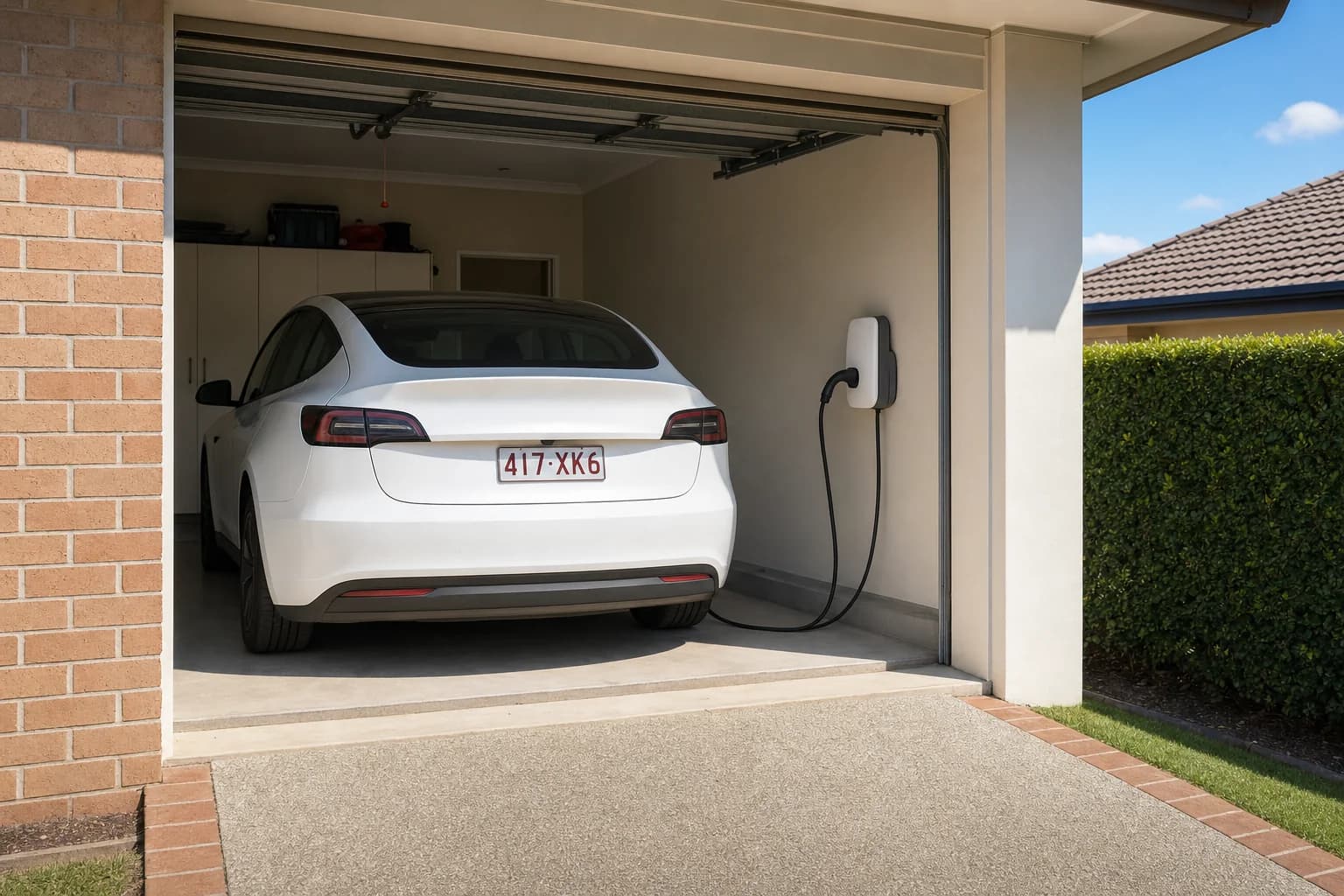 EV charger mounted on a garage wall beside its isolator, cable plugged into a car parked inside